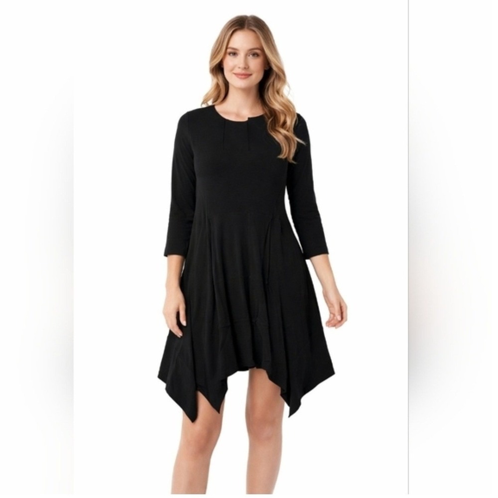 Sympli Swing Handkerchief Dress‎ Size 14 Black V-Neck 3/4 Sleeve Empire Waist